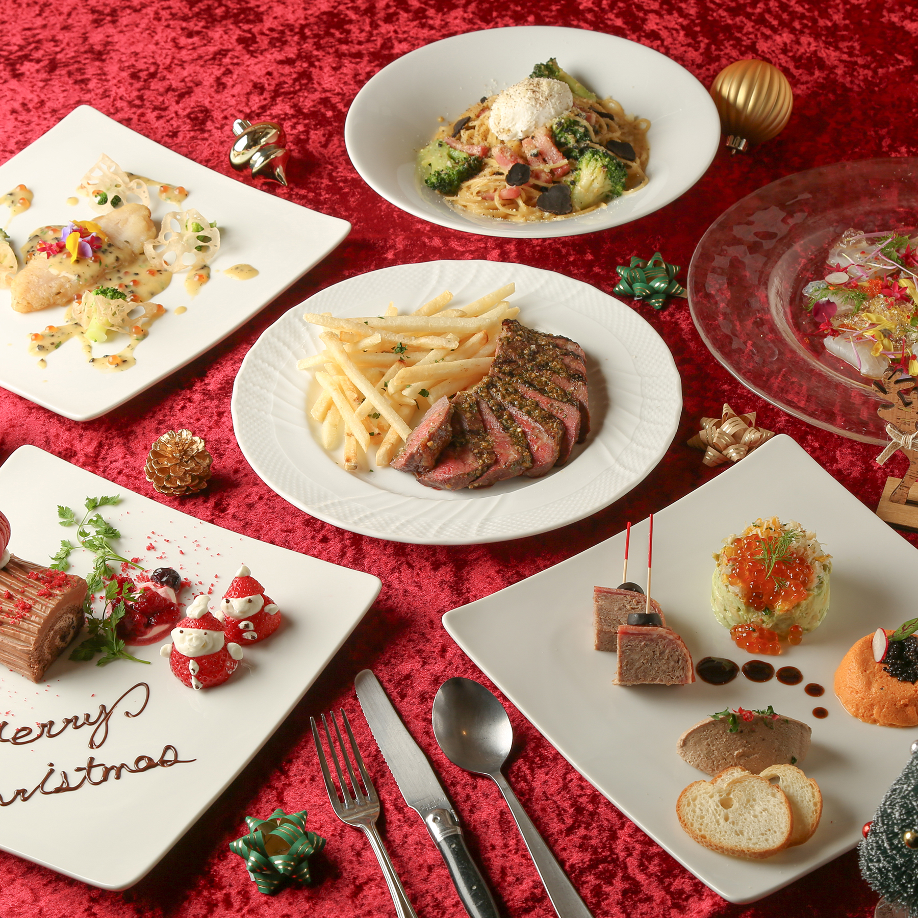 《Xmas限定シェアコース★乾杯ロゼスパークリングワイン付き！》真鯛のカルパッチョや舌平目のポワレ、牛サーロインのグリエなど全6皿　お一人様7,700円